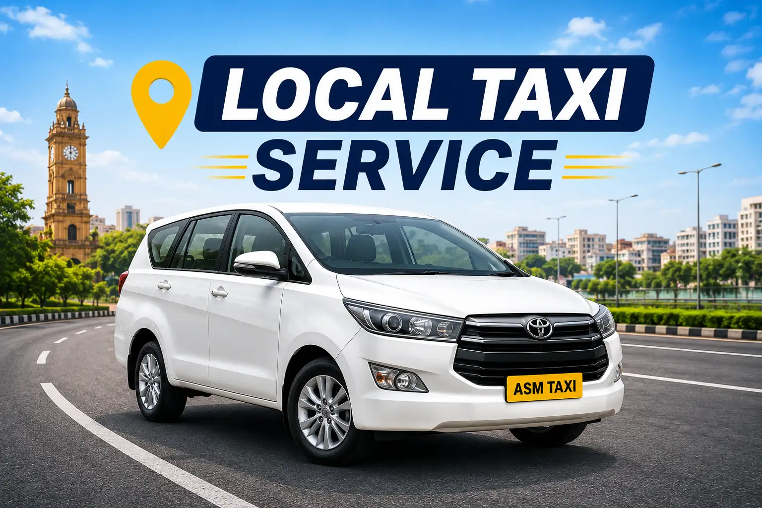 Local Taxi Service in Lucknow | ASM Taxi ASM Taxi local taxi service white Innova cab on city road in Lucknow